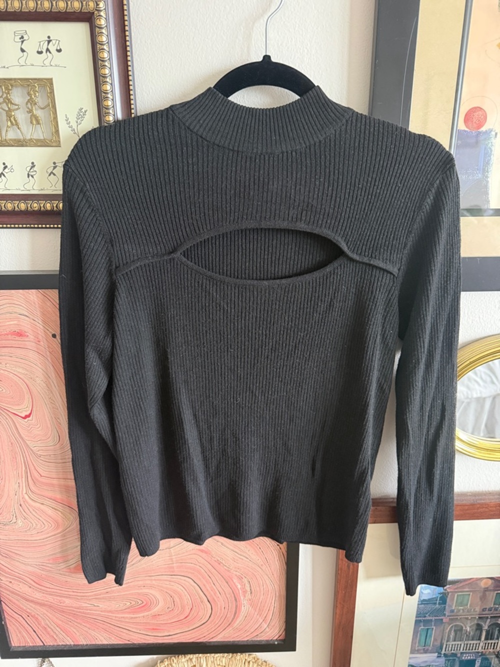 H&M Black Ribbed Mock Neck Cutout Long Sleeve Top